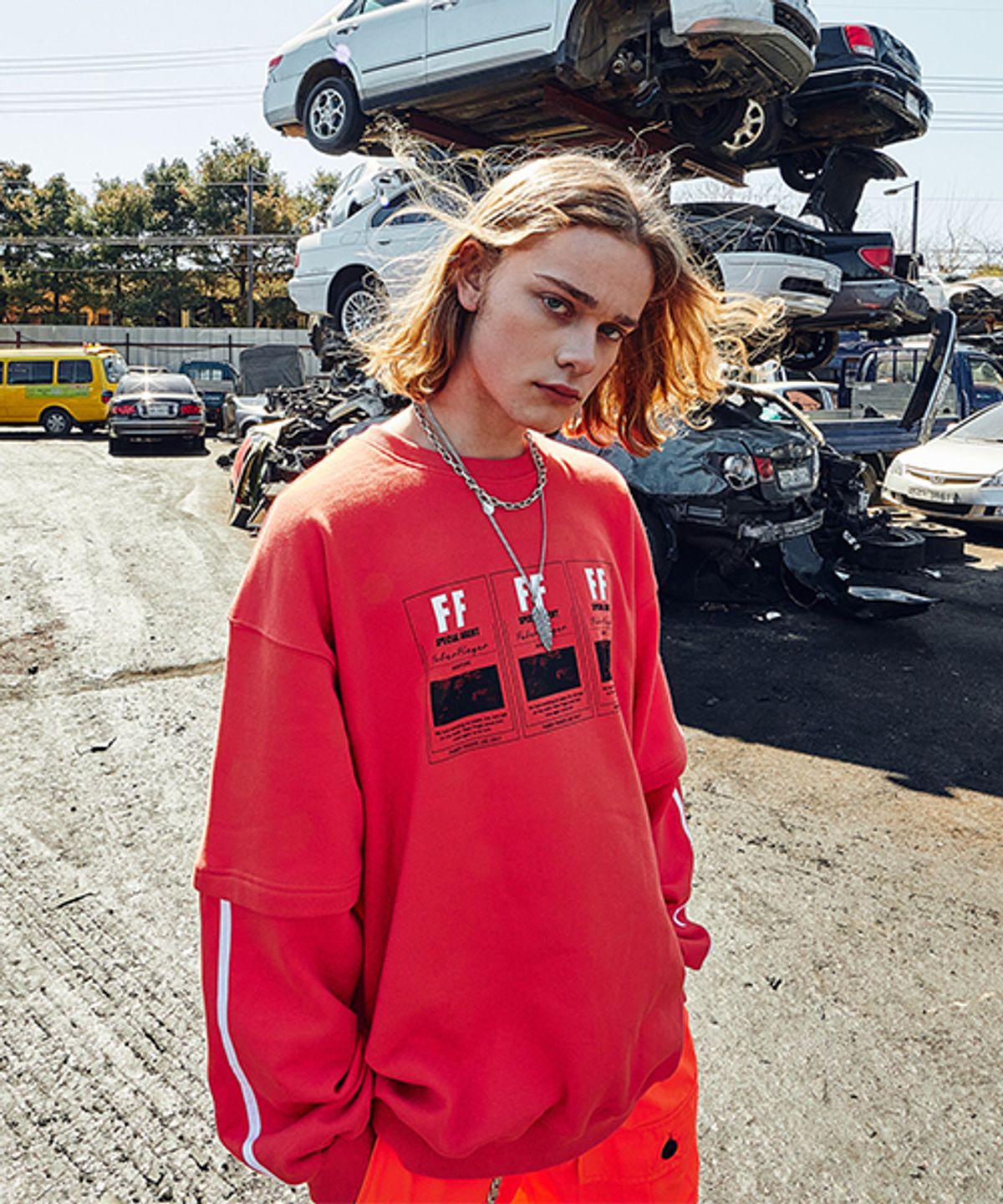 파베르핑거(FABER FINGER) FF OVERSIZED SWEATSHIRT WITH TWO LINE (CHERRY RED)