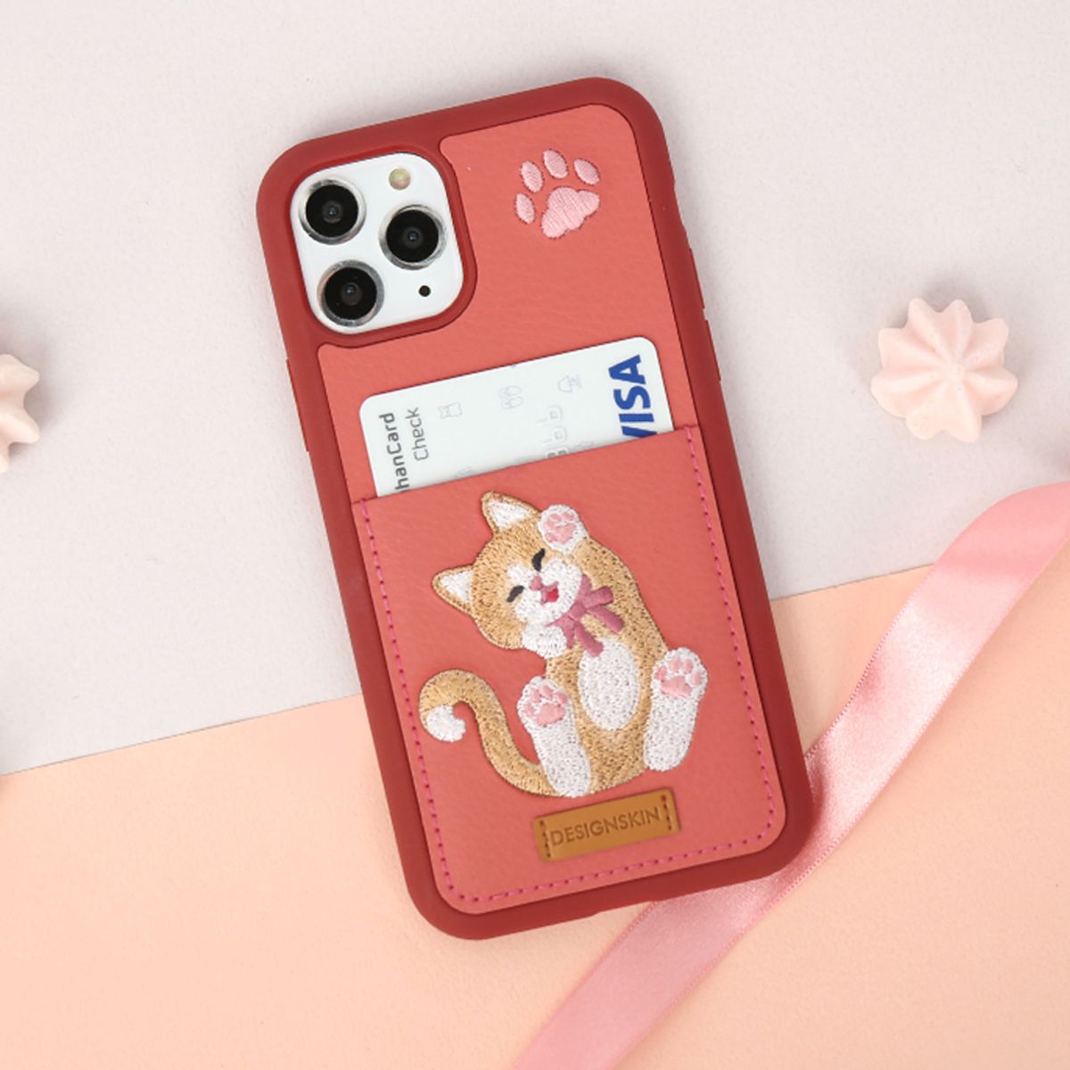 디자인스킨(DESIGNSKIN) 아이폰/갤럭시/갤럭시노트 고양이 자수 포켓 카드케이스