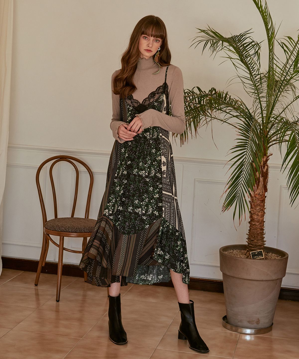 에트몽(ETMON) Slip Multi Pattern Dress  Green