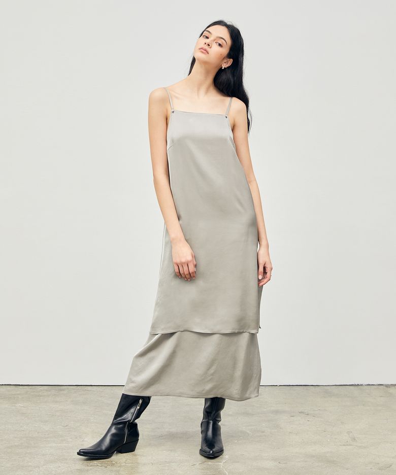 Tiered Slip Long Dress Khaki-Grey