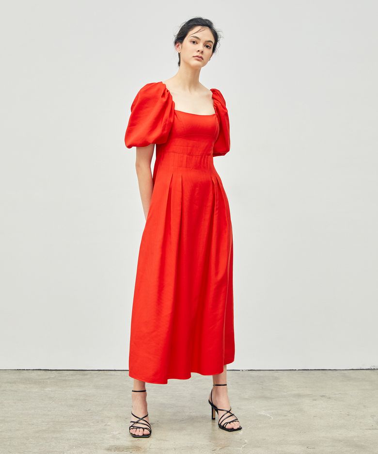 Stitched Puff Sleeve Maxi Dress Red