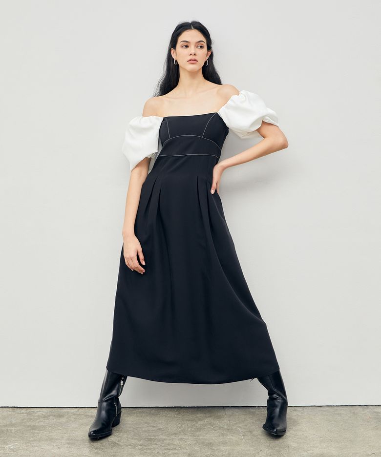 Stitched Puff Sleeve Maxi Dress Black