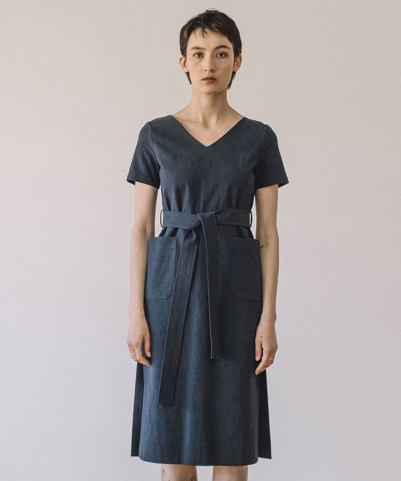V-neck long Dress (Navy)