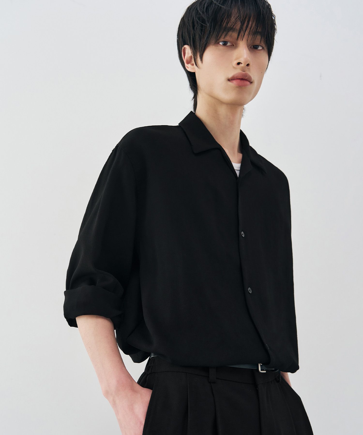 MUSINSA公式 | DRAW FIT Re-edition Linen Open Collar Shirt [BLACK]