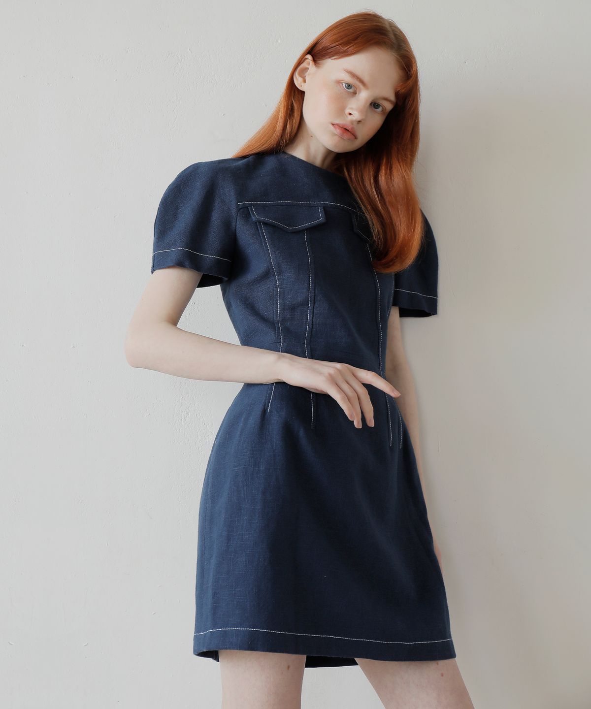 폴앤앨리스(PAUL&ALICE) LINEN MINI DRESS / NAVY