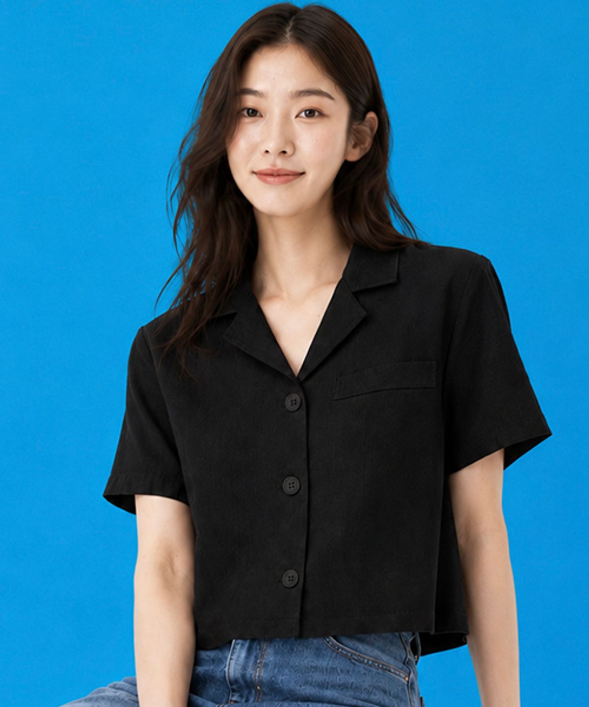 콜릿(KOLEAT) 린넨 블랙 슬림 반팔 셔츠 [크롭]