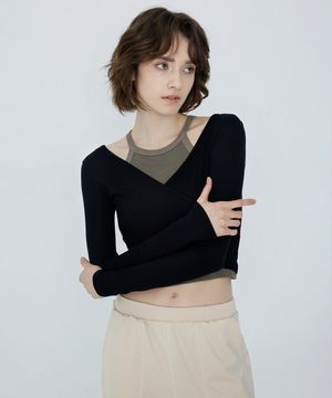 여성 요가복 DEVI-T0041-블랙 필라테스 랩 크롭티 양방향 티 랩 스타일