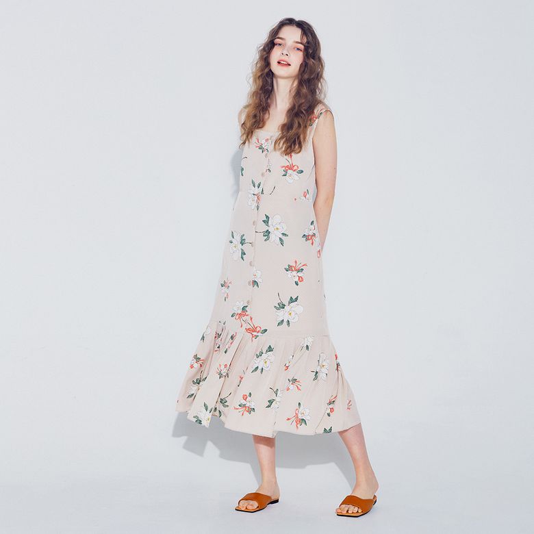 Flower Pleated Dress_Beige