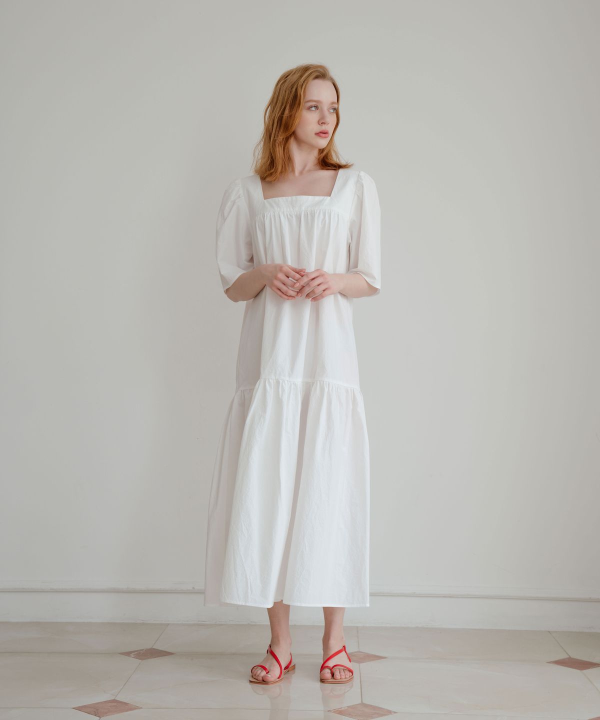 벨루아(VELUA) Puff belted dress _ white