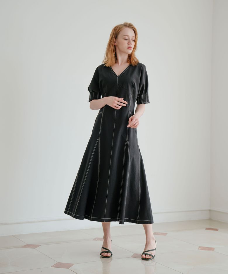 Stitched linen dress _ black
