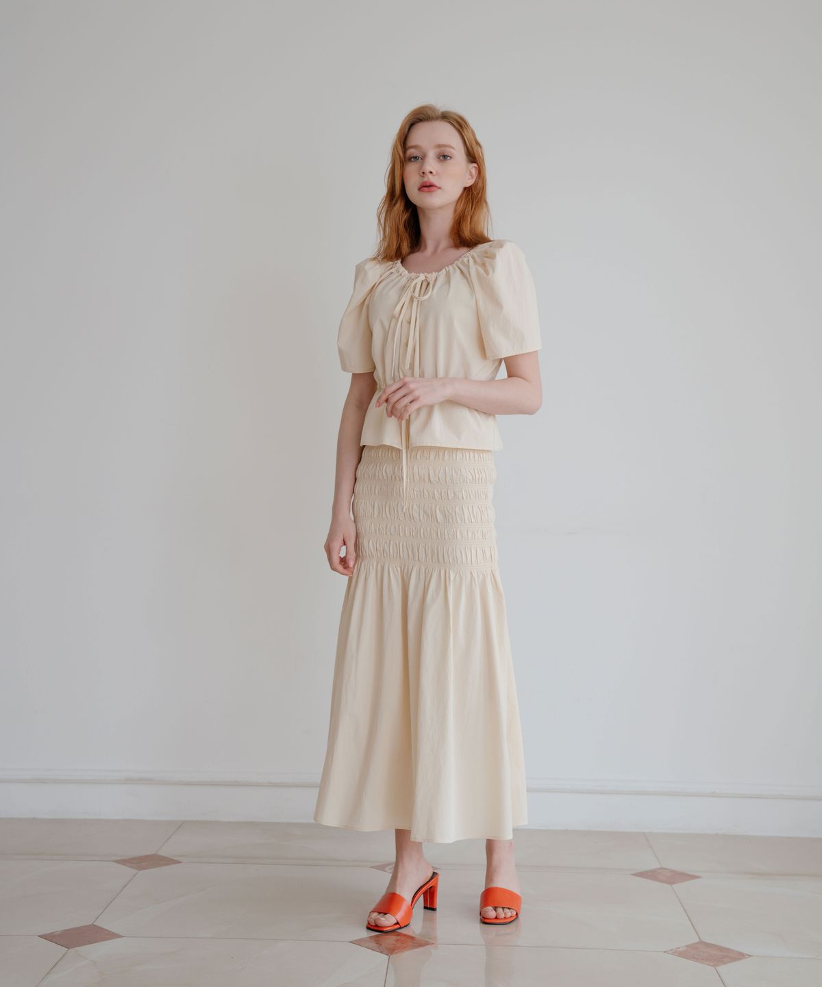 벨루아(VELUA) Smock shirring skirt _ cream
