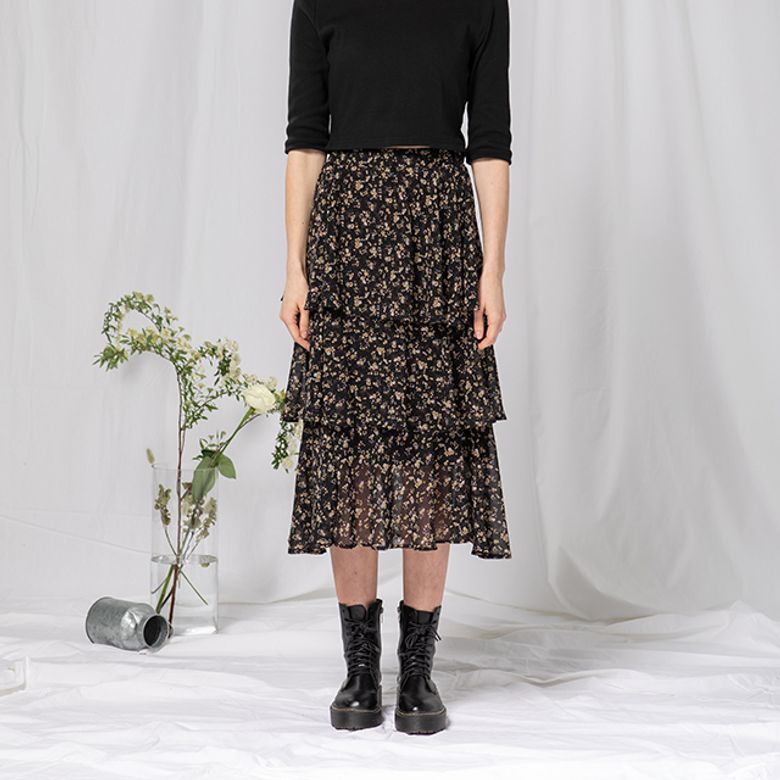 Flower Cancan Midi Skirt (BK)