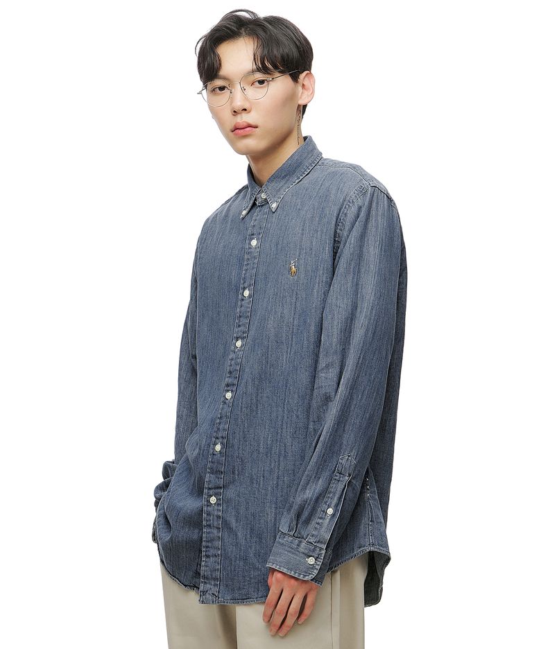 커스텀핏 데님 셔츠 - 블루