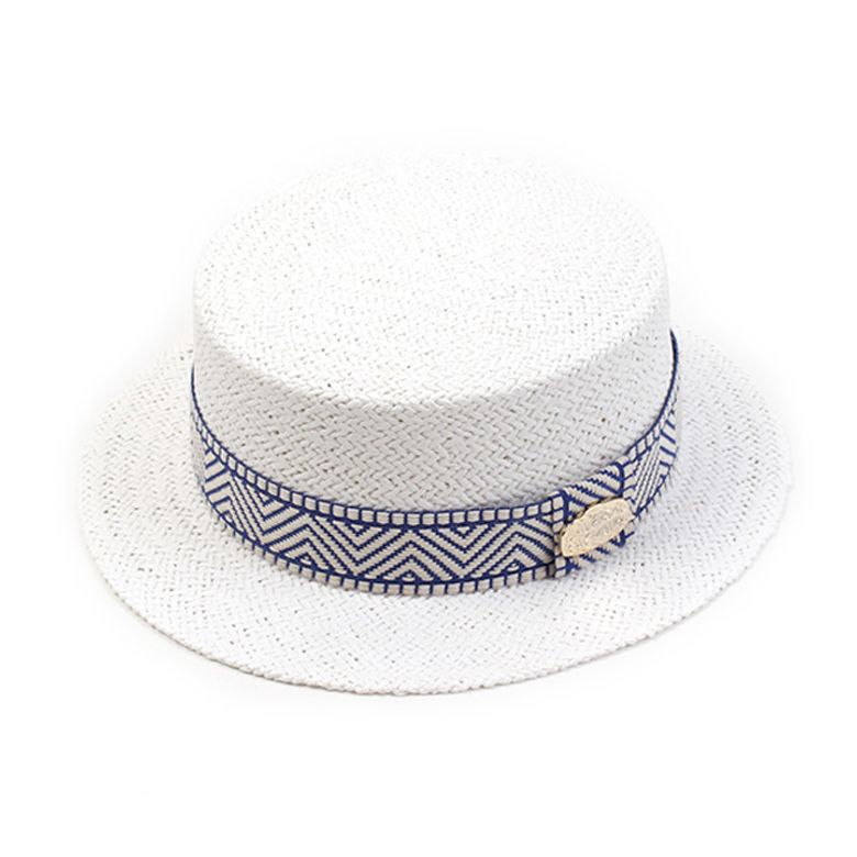 Blue Mono Line White Flat Short Panama Hat 여름페도라