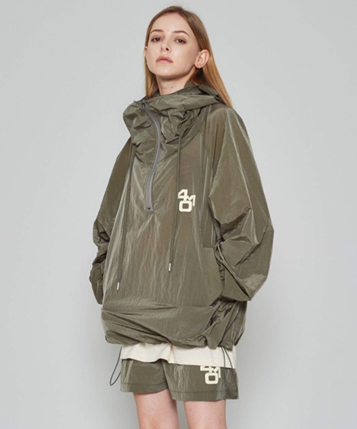 써치410(SEARCH410) [UNISEX] NUMBER ANORAK HOODIE_KHAKI
