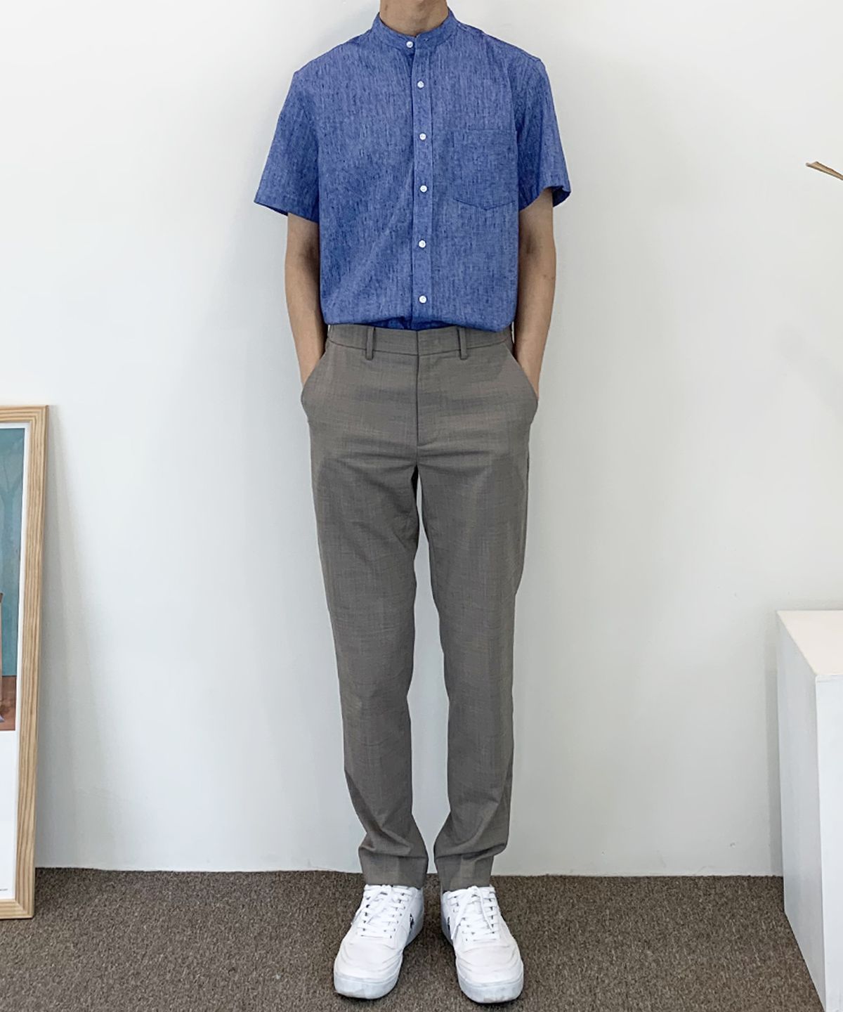 더셔츠스튜디오(THE SHIRTS STUDIO) 블루 루즈핏 린넨혼방 차이나카라 반팔셔츠