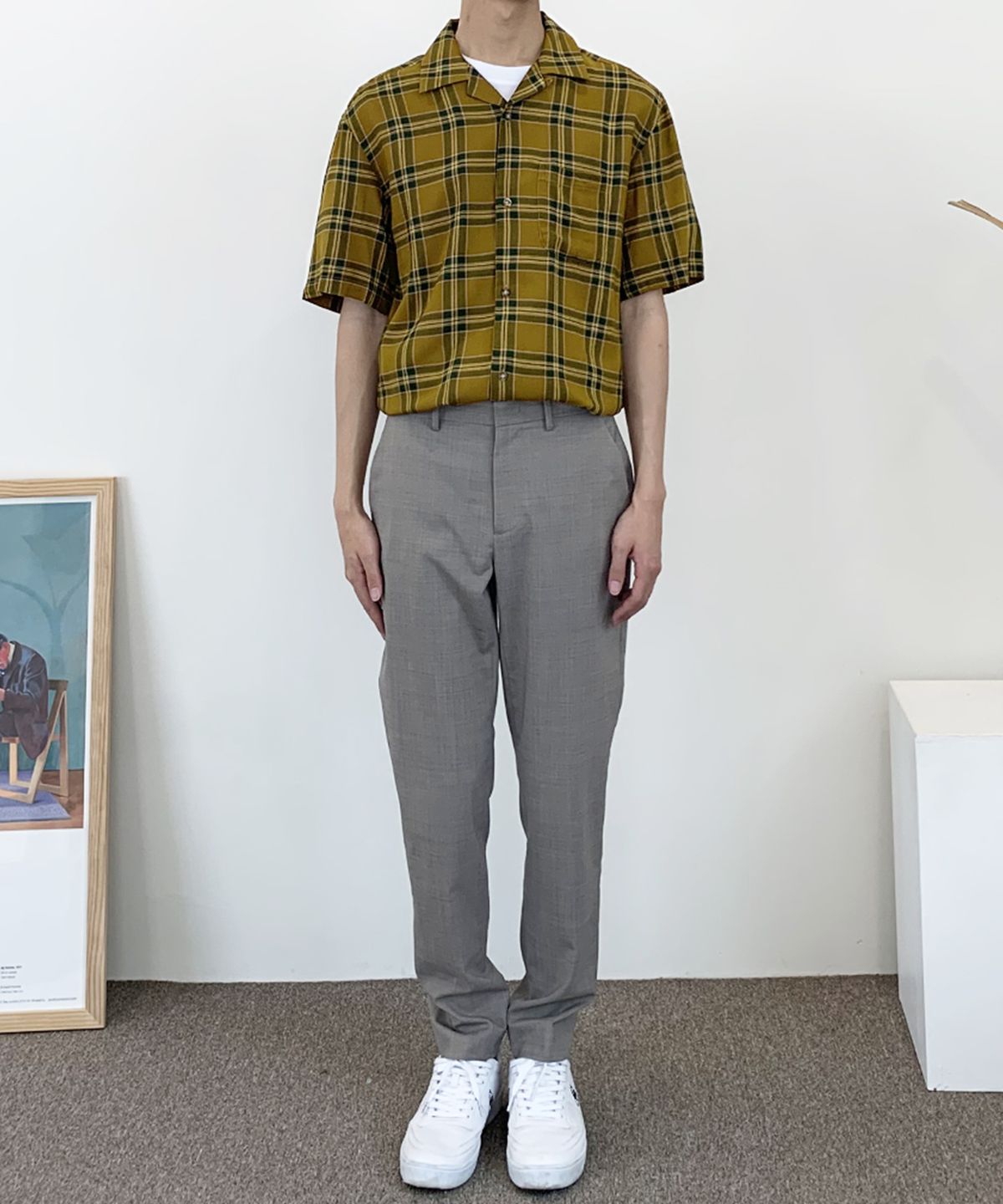 더셔츠스튜디오(THE SHIRTS STUDIO) 올리브 루즈핏 레이온체크 오픈카라 반팔셔츠