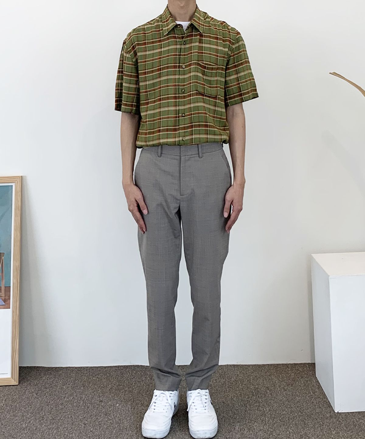 더셔츠스튜디오(THE SHIRTS STUDIO) 그린 루즈핏 레이온체크 반팔셔츠