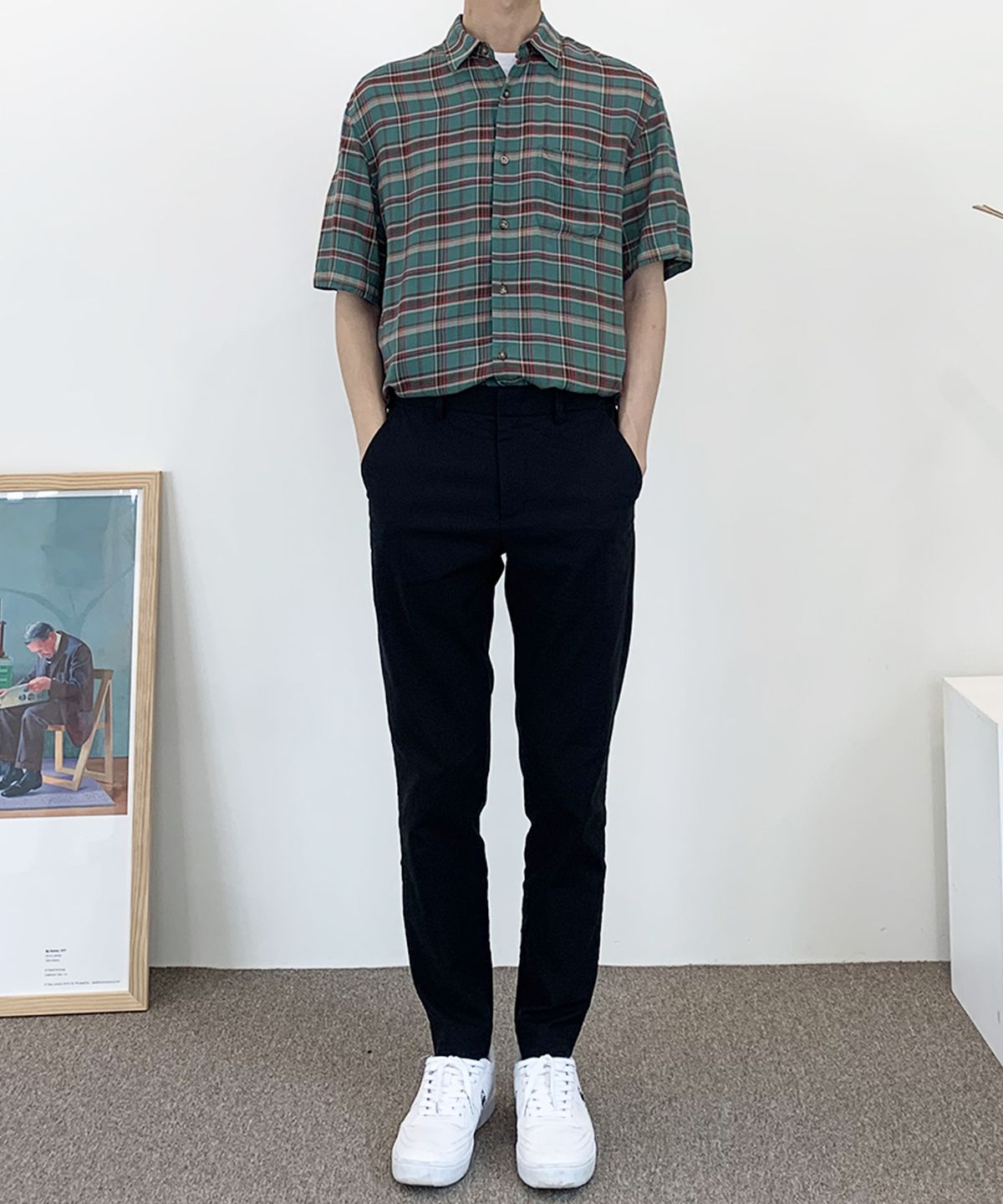 더셔츠스튜디오(THE SHIRTS STUDIO) 블루 루즈핏 레이온체크 반팔셔츠 (TSS236)
