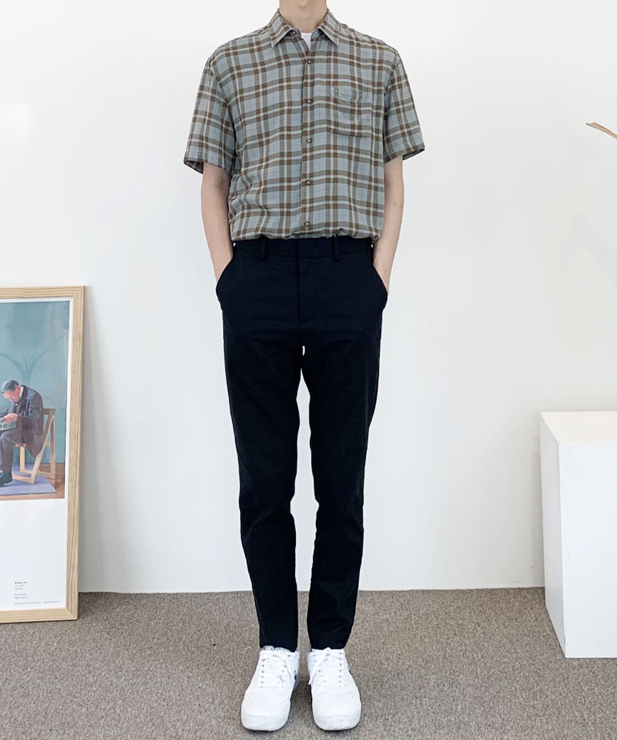 더셔츠스튜디오(THE SHIRTS STUDIO) 블루 루즈핏 레이온체크 반팔셔츠(TSS239)