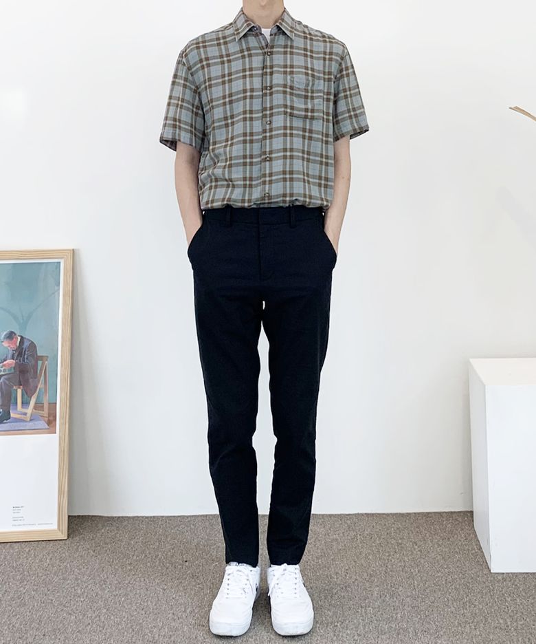 블루 루즈핏 레이온체크 반팔셔츠(TSS239)