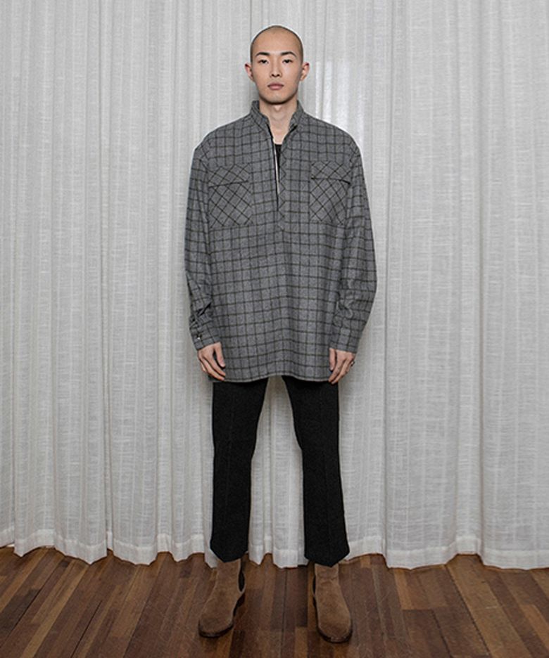 울 블랜드 하프 집업 플란넬 셔츠 그레이