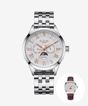 [다이아몬드] 헬리오스 썬앤문 메탈 시계 - 실버 + 가죽밴드 / ST7502M-SSS