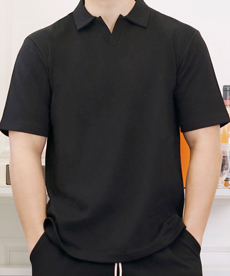 더블코튼 오픈카라 루즈핏 반팔티 블랙