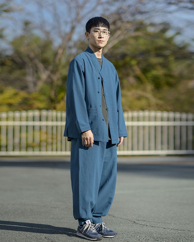 [24004]남여공용 봄 가을 생활한복 선염 무명 17수 브이넥 한벌 쪽빛