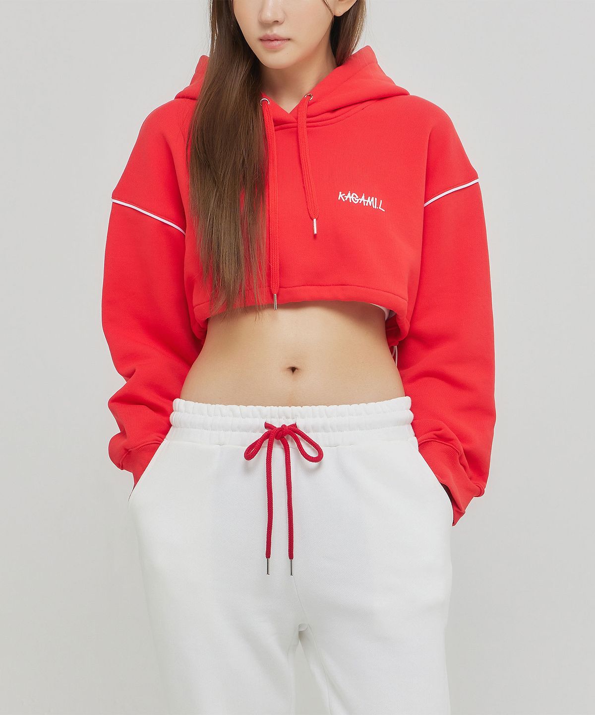 카가미엘(KAGAMI.L) Oversize Line Point Crop Hoodie Red