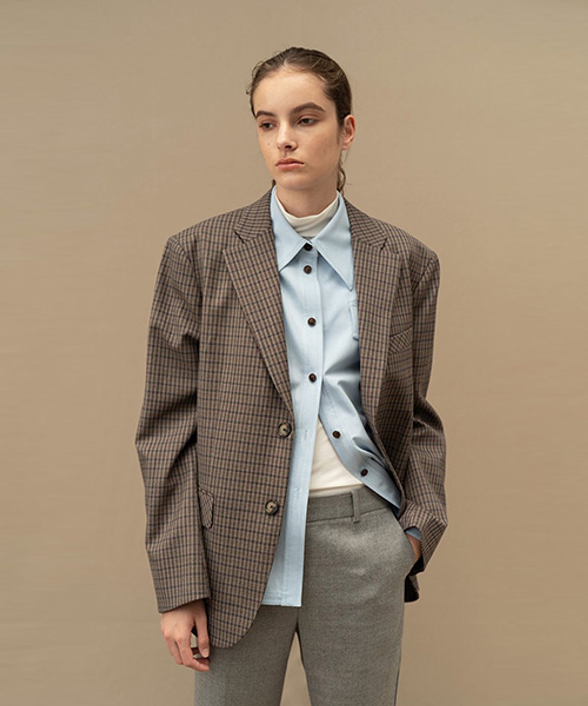 아바몰리(AVA MOLLI) MBF-JKH101-10 JADE  GENDERLESS CHECK  SINGLE JACKET (Brown)