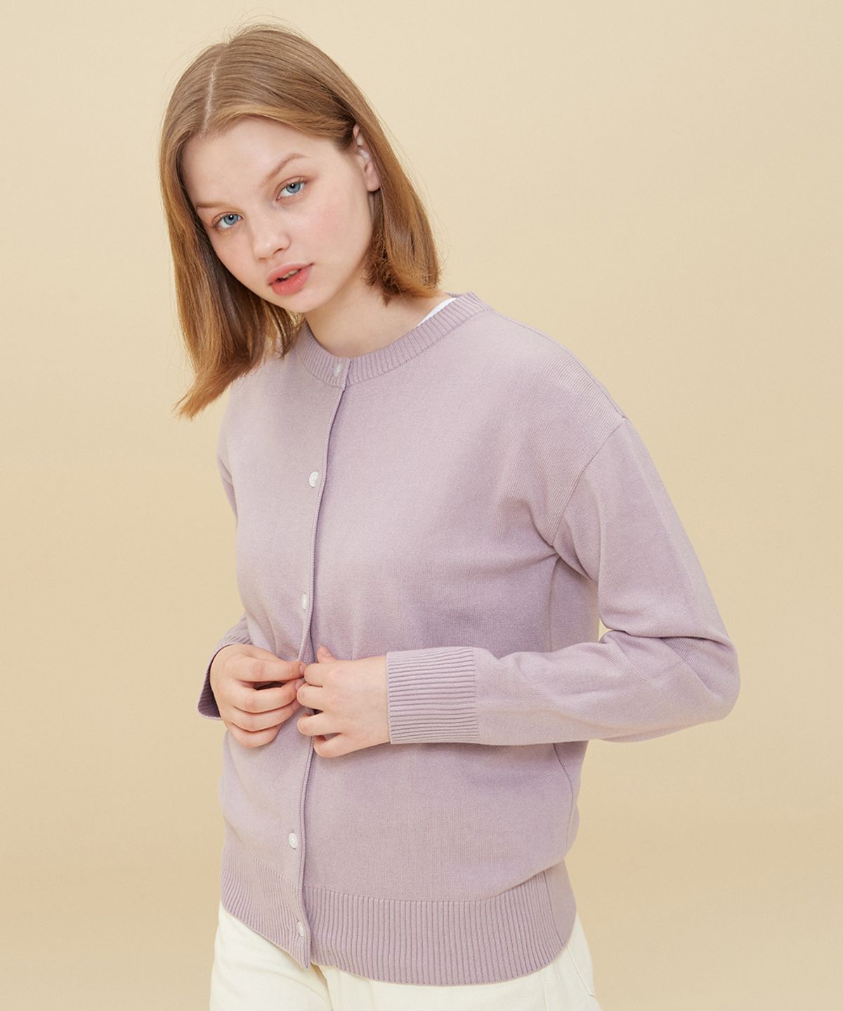블론드나인(BLOND9) LOUIE BASIC ROUND NECK CARDIGAN_PURPLE