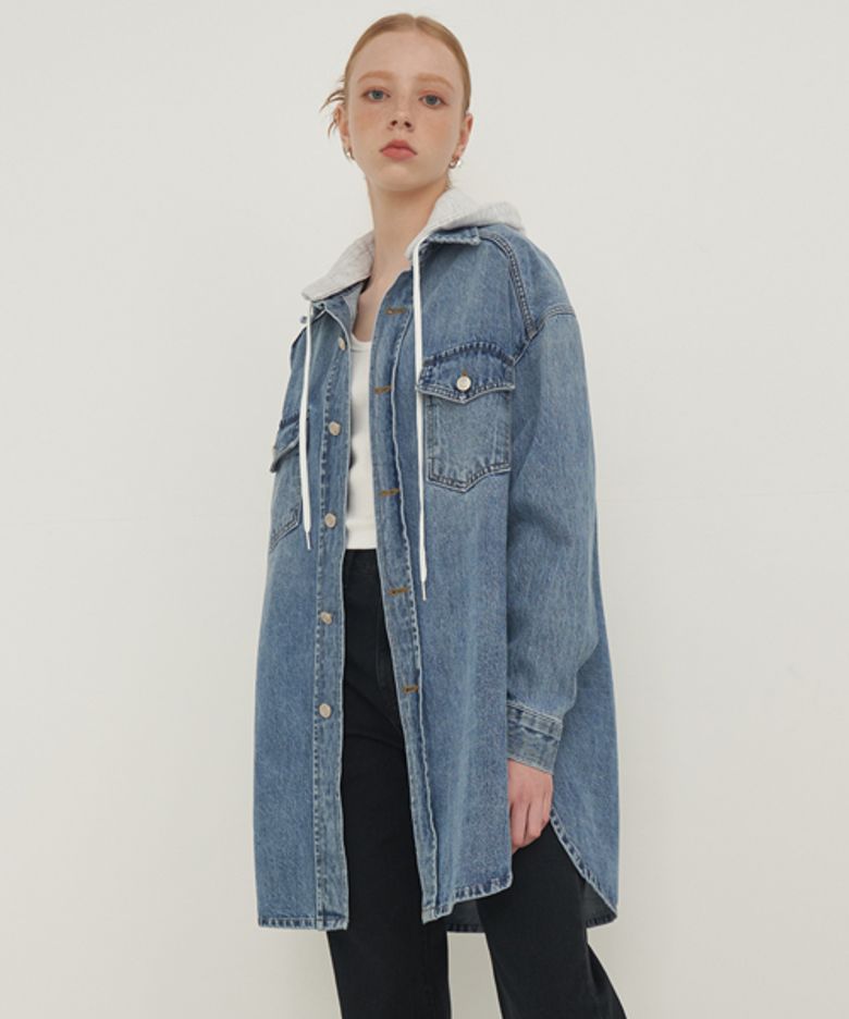 OVERFIT DENIM HOOD LONG JACKET_BLUE