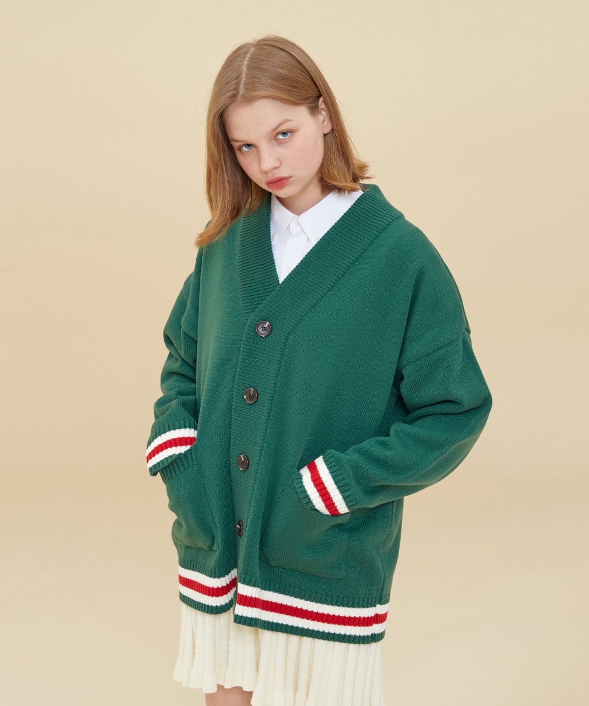 블론드나인(BLOND9) THREE LINE HEM AND CUFFS CARDIGAN_GREEN