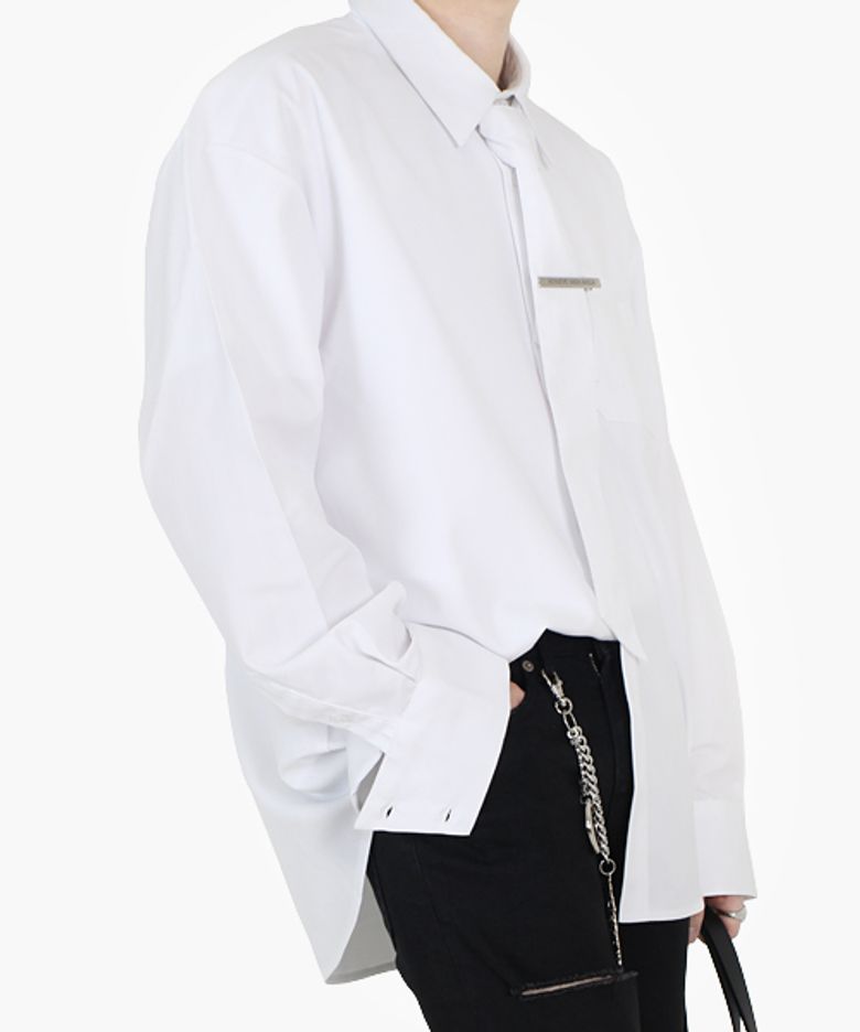 오블리크 커프스 타이&핀 셔츠 _ 화이트