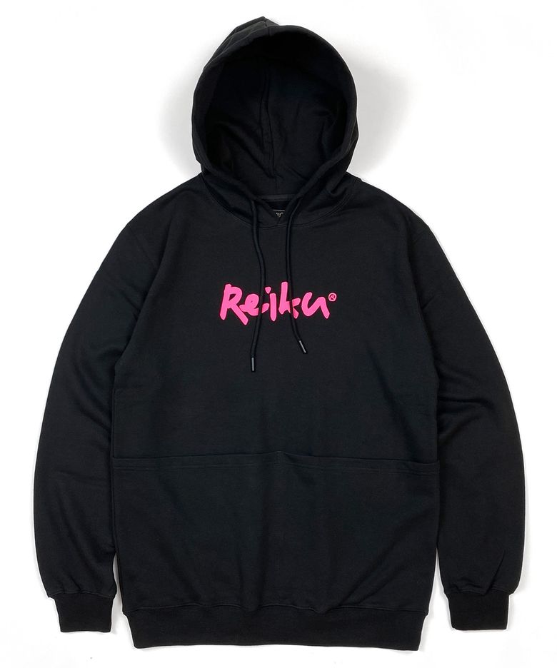 rk neon pink logo wide poket black hoodie 후드티