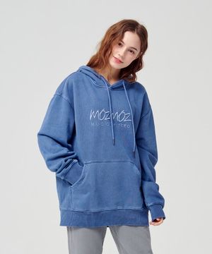 프론트 자수로고 피그먼트 빅사이즈 오버핏 후드 블루