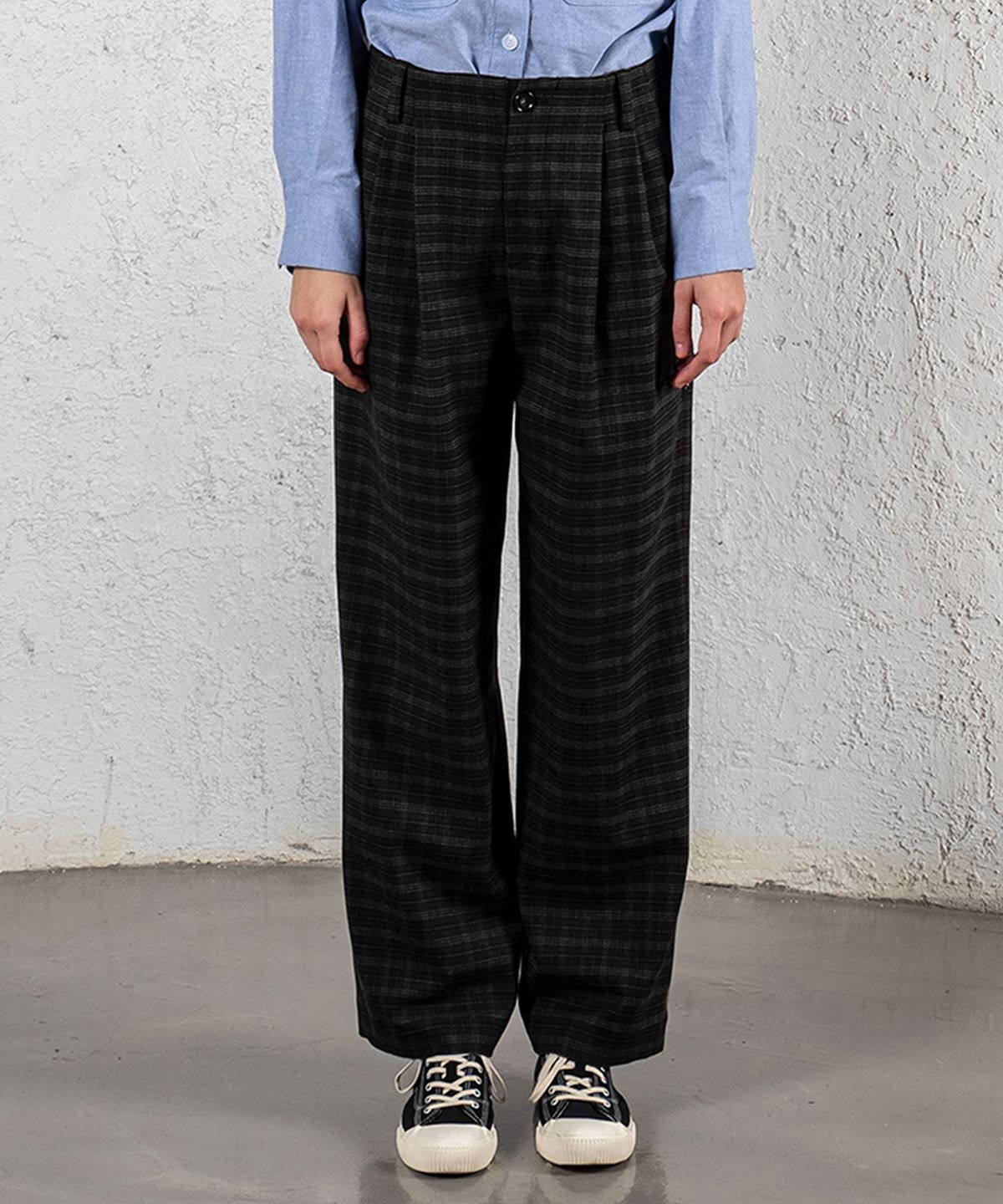 쥐엠쥐에스(GMGS) Mid-Rise Wide Pants (Charcoal Plaid)