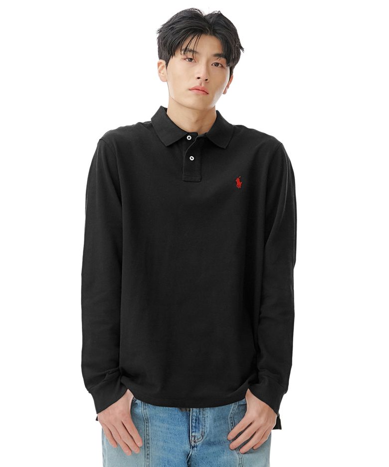 [적립금 10%] 커스텀 슬림핏 롱 슬리브 메시 폴로 - 블랙