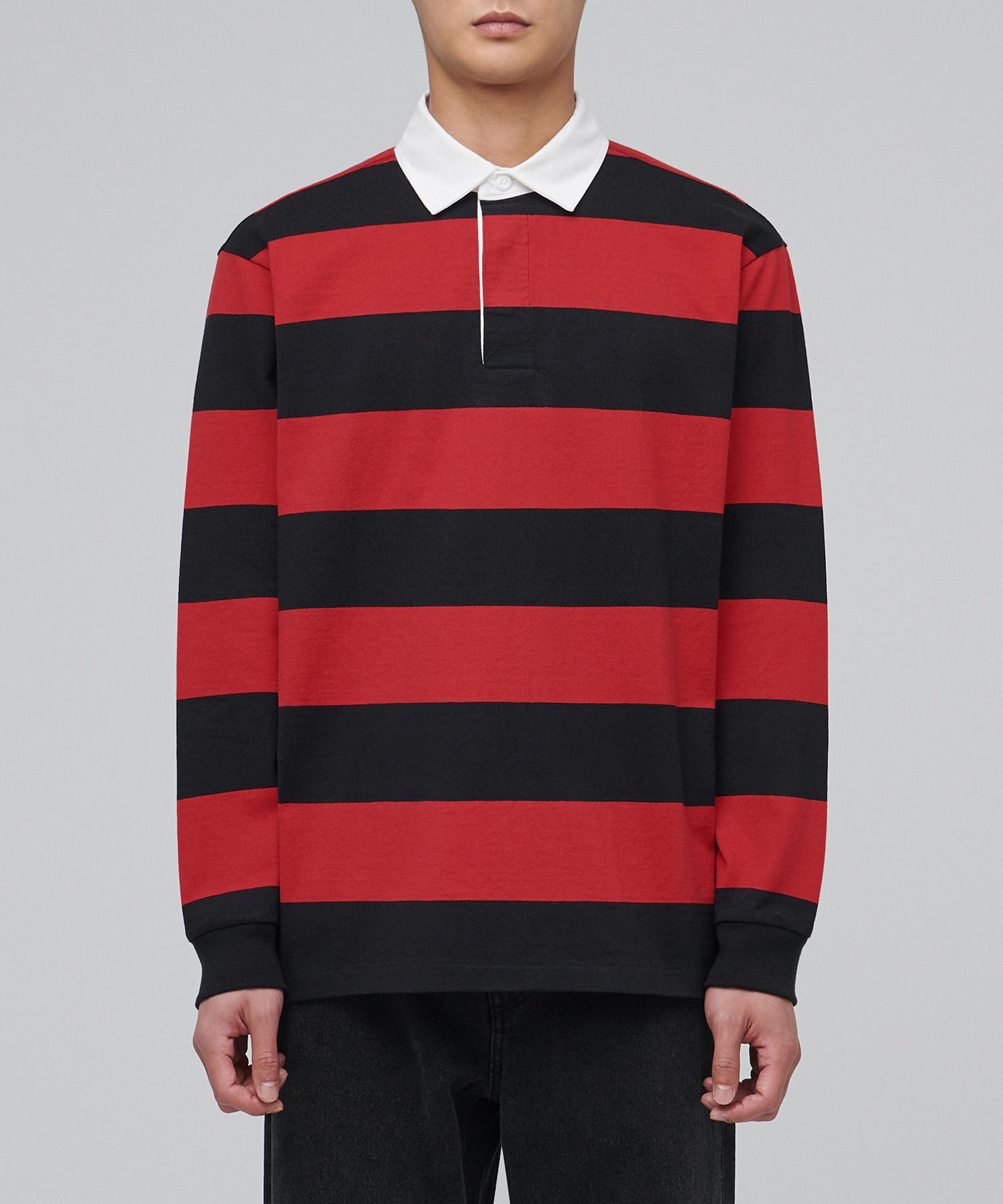 MUSINSA MUSINSA STANDARD STRIPE RUGBY SHIRT [BLACK/RED]