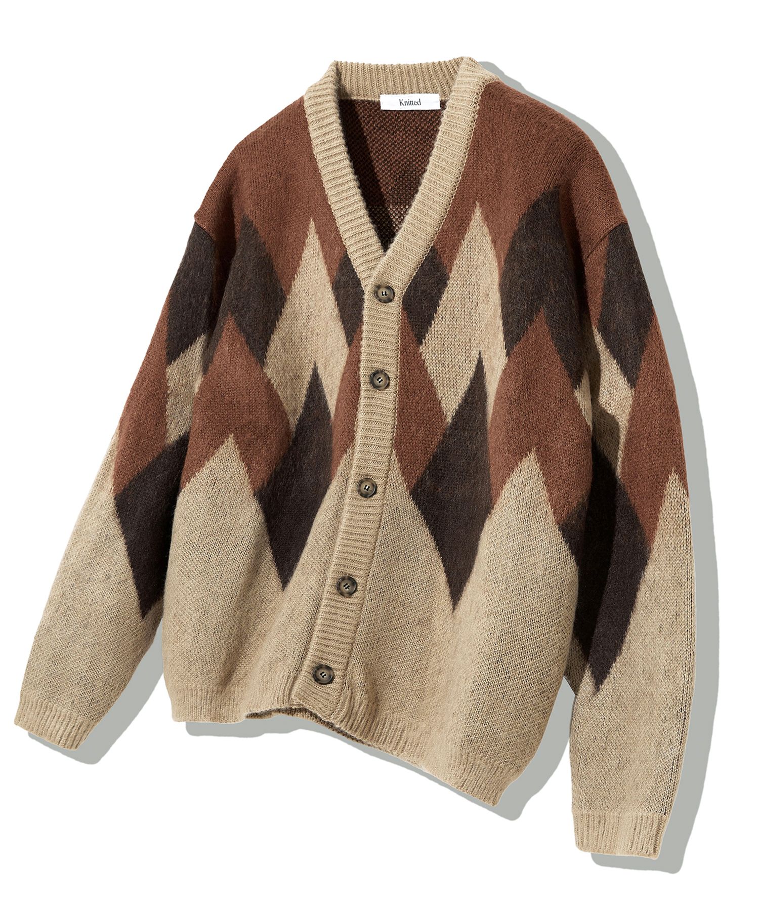 MUSINSA | KNITTED Bulky Brush Argyle Cardigan BROWN