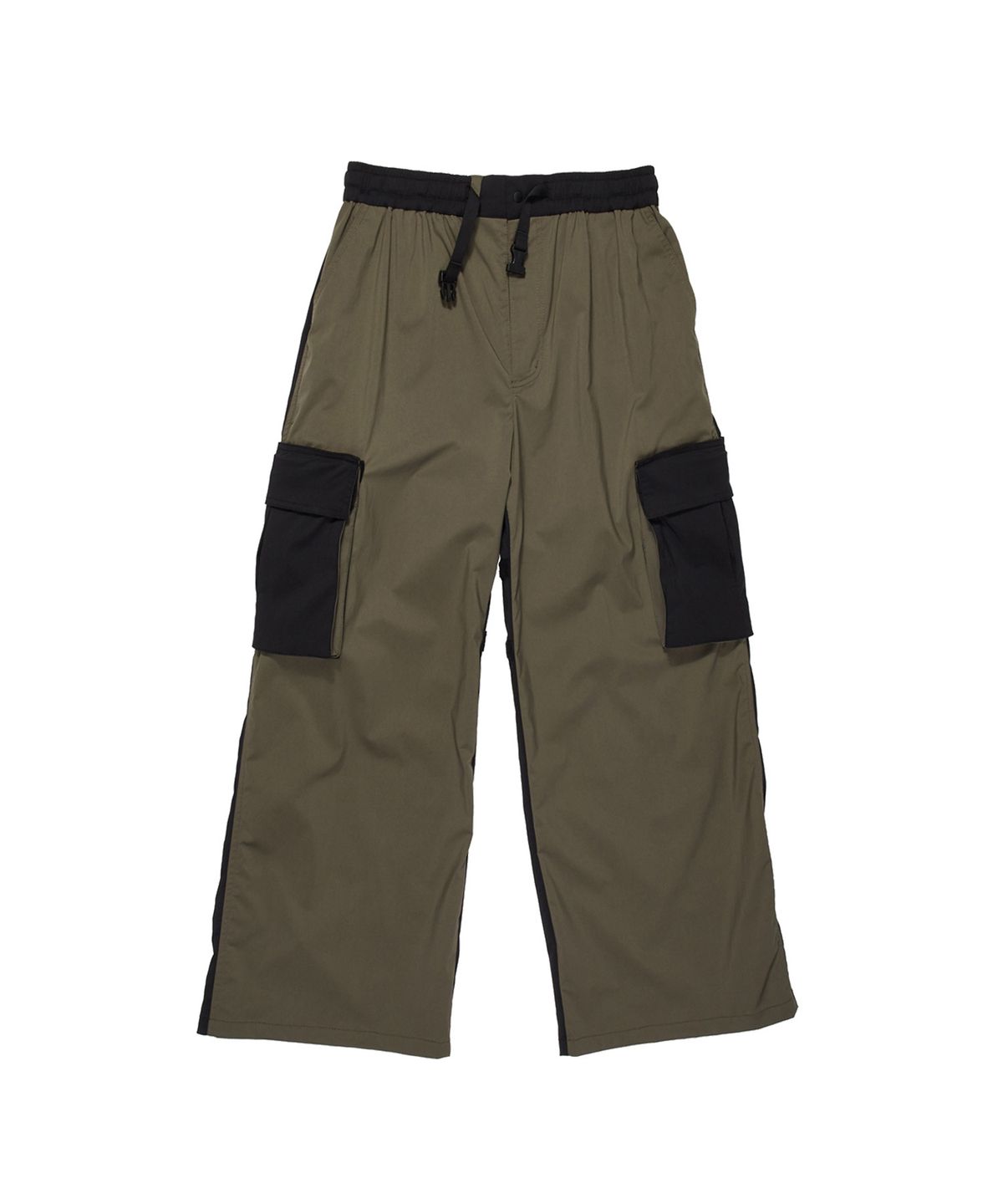 폴루션(POLLUTION) COLOR BLOCK VELCRO PANTS KHAKI&BLACK