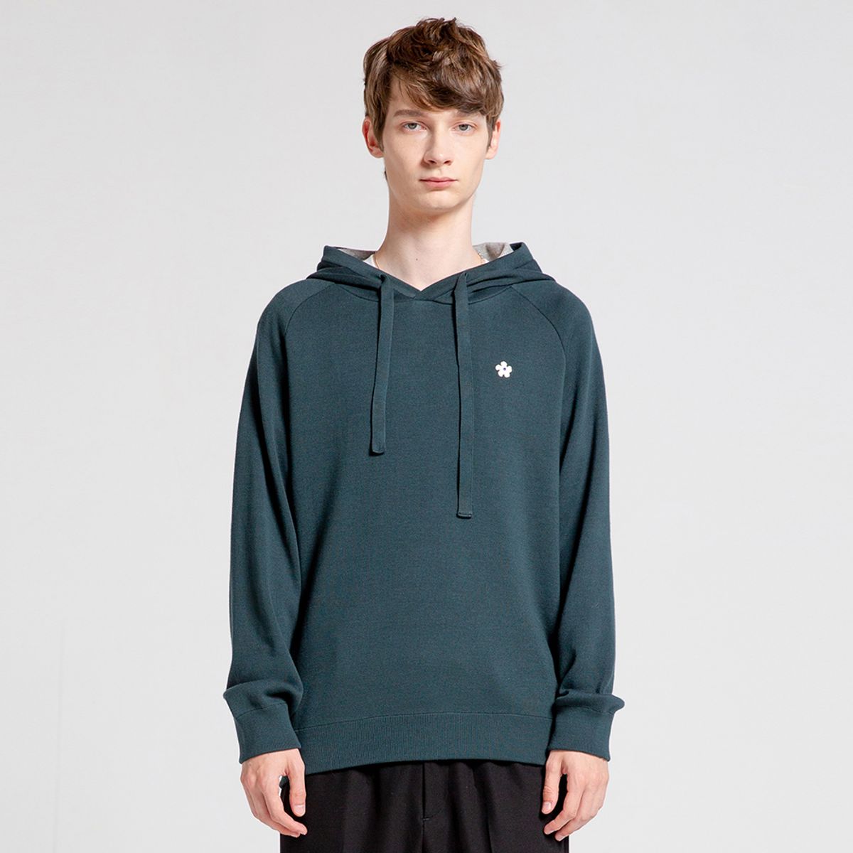비아봉드비아(VIABON DE VIA) UNISEX_플라워 소프트 코튼 니트 후드티 (DEEP GREEN)