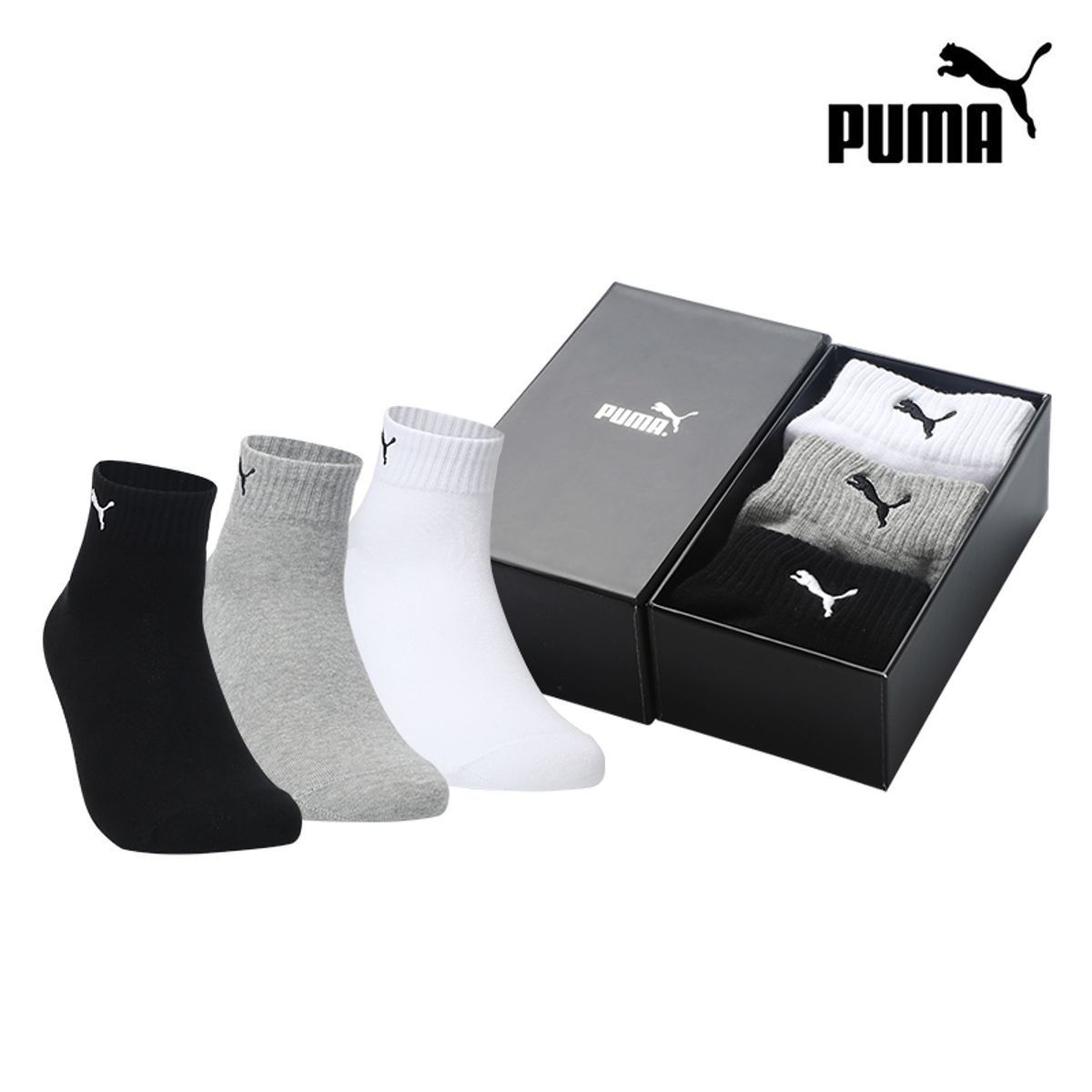 푸마양말(PUMA SOCKS) 자수로고 베이직 쿼터삭스 3PACK구성 기프트 [사이즈선택]