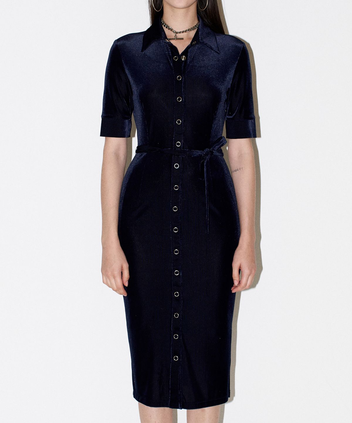 채뉴욕(CHAENEWYORK) Front open velvet dress [Navy]