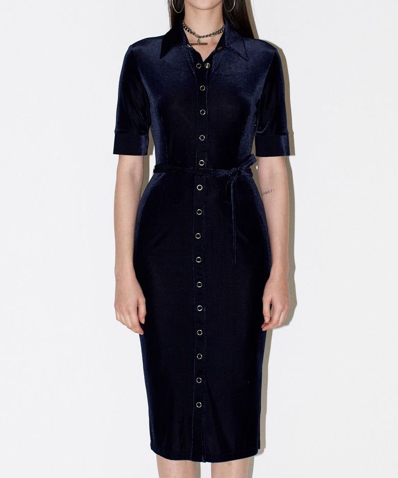 Front open velvet dress [Navy]