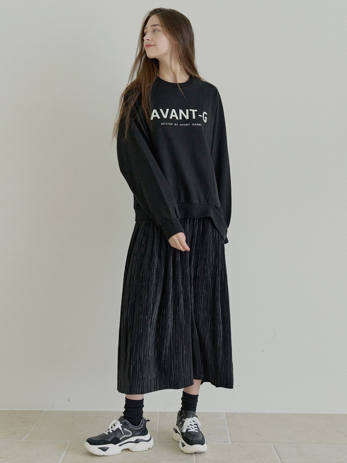 아방(AVANT-G) Logo MTM Pleated Mix Dress - BLACK