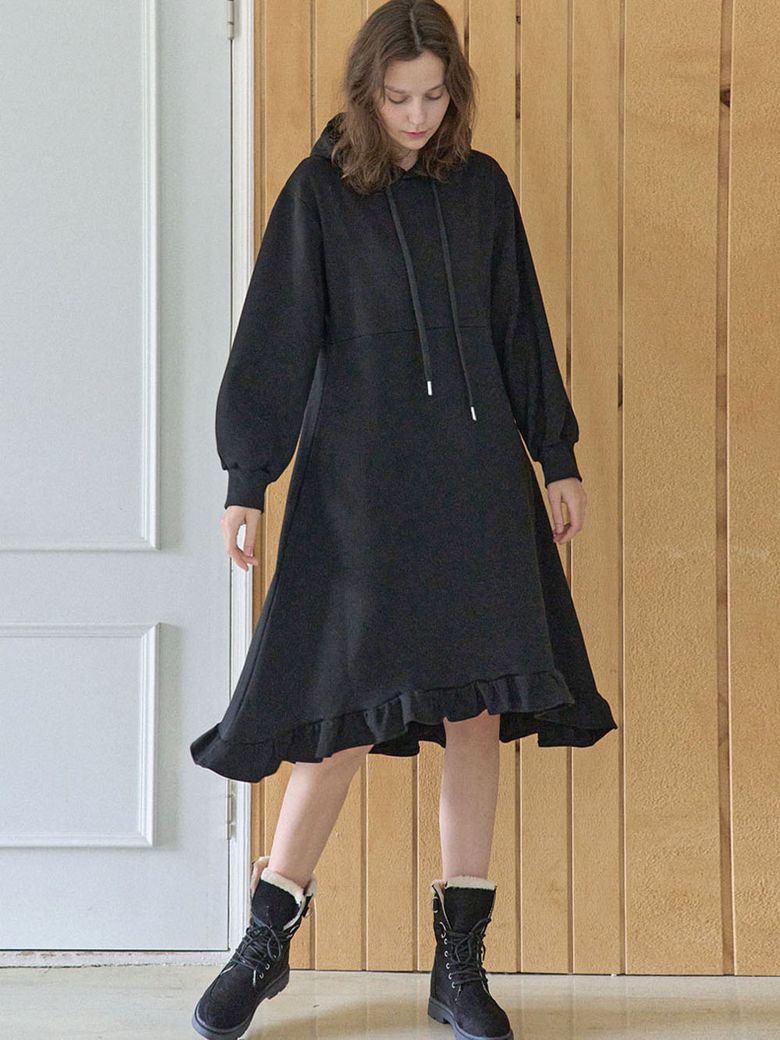 Hooded Frill Long Dress - Black