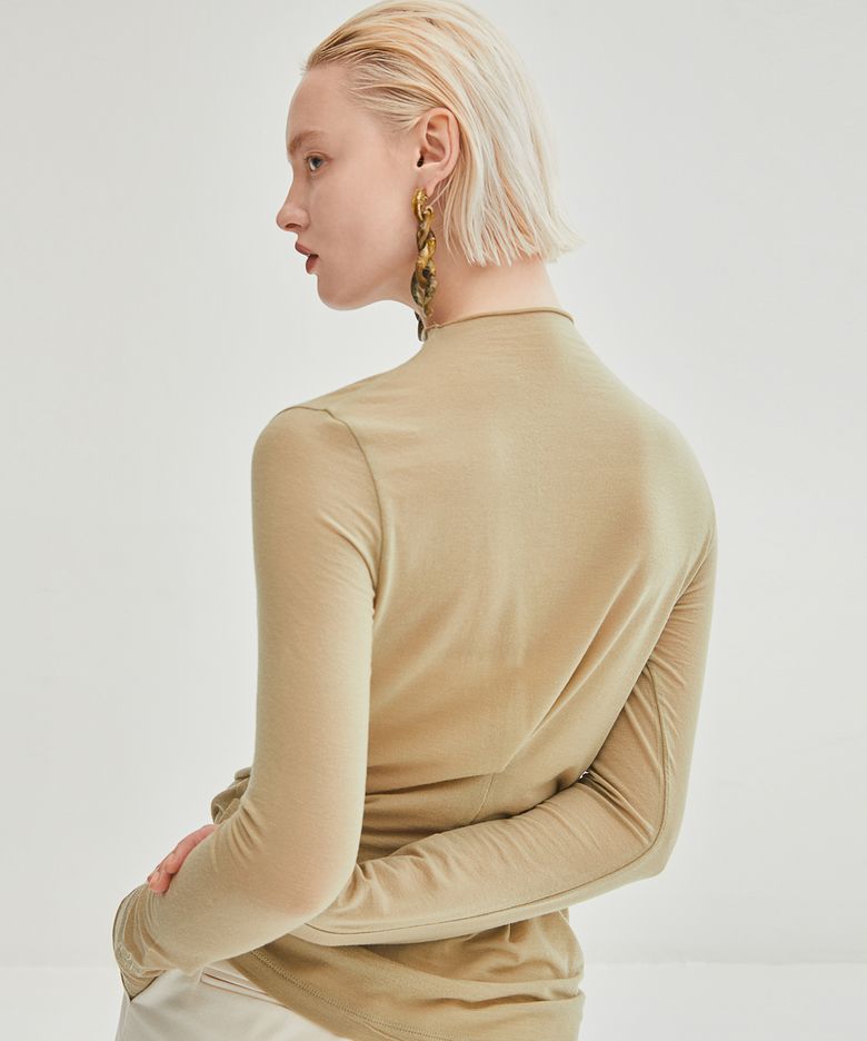 Back Pointed Mok Neck Top - Light Khaki