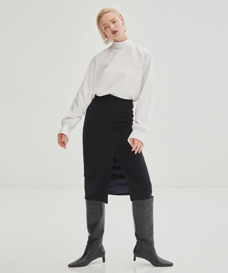 Stitched Wool Midi Skirt - Indigo